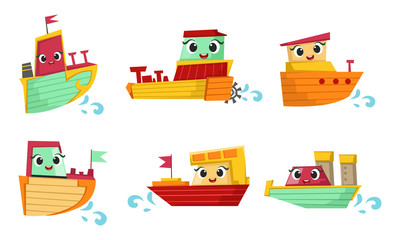 Cute Kawaii Ship Cartoon Character Set, Adorable Funny Steamboat, Yacht, Ship Vector Illustration