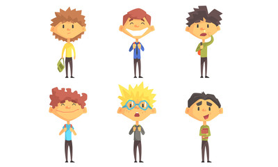 Funny School Boys Cartoon Characters with Various Emotions Set Vector Illustration