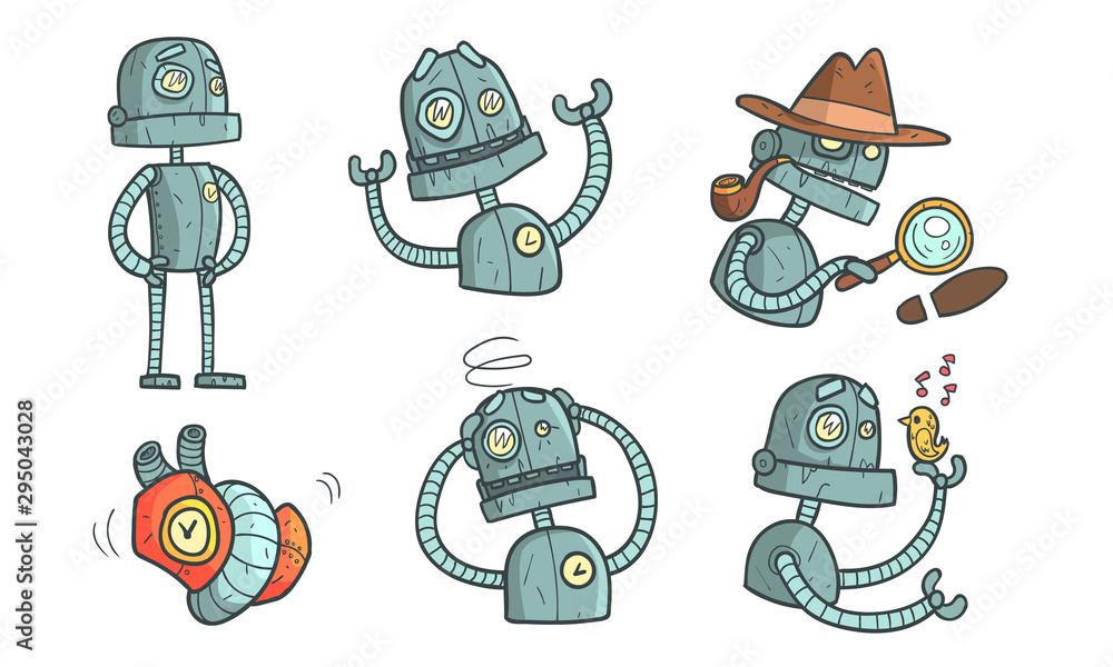 Poster vintage robot character set, steampunk robotics in different situations vector illustration