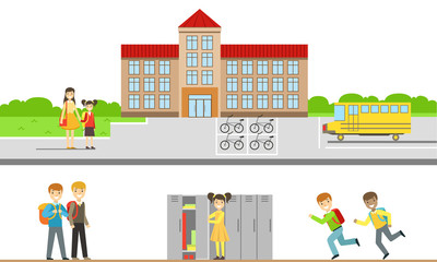 School Building and Cheerful School Students with Books and Backpacks Set, School Territory Elements Vector Illustration