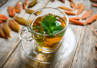 Hot mint tea in glass cup with atmospheric autumn decorations. Selective focus. Shallow depth of...