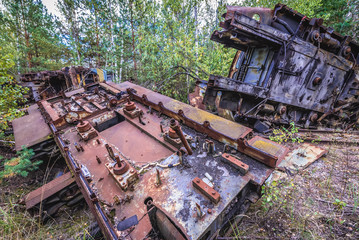 Old locomotives near Yaniv railway station near Pripyat city located in Chernobyl exclusion area, Ukraine