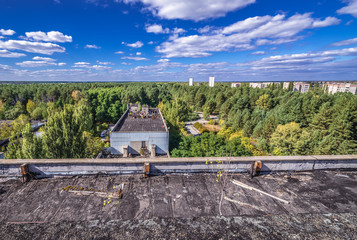 View from the roof of old Jupiter Factory in Pripyat city located in Chernobyl exclusion area, Ukraine