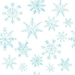 Fototapeta na wymiar Watercolor Christmas seamless pattern with snowflakes isolated on white background. Festive endless tile for wrapping paper, textile and prints.