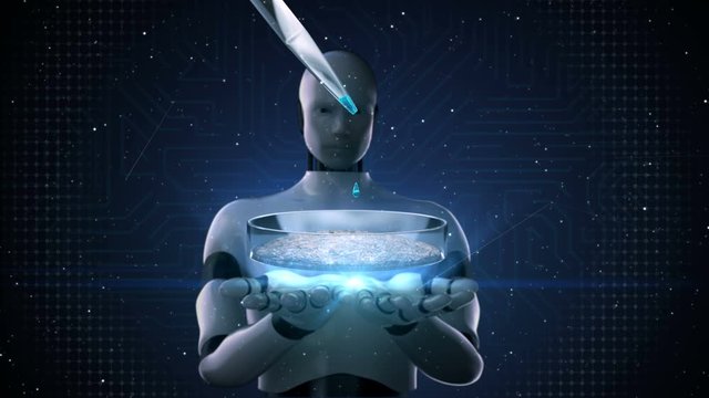 Robot opens two palms, young plant with root above petri dish with soil. Biotechnology, Smart agriculture, plant care and protection concept. 4k animation.1. 
