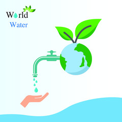 Water world day with hand hold faucet or water tap with a drop of water out to earth and save water text vector design