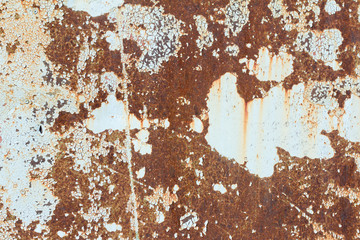 Corrosion on the white metal wall.A rusty white metal wall. Rusty metal background with remnants of white paint