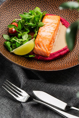 Fried fish salmon fillet with pink humus garnish. One piece of baked salmon grilled lime, tomatoes and salade on a brown plate . Gray background. Vertical photo.