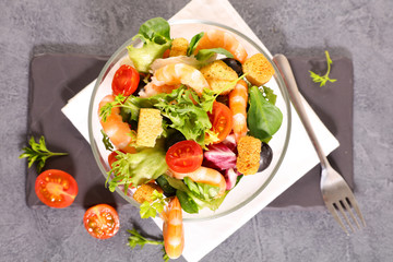 mixed salad with shrimp and vegetable, top view