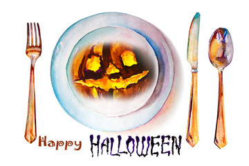 sinister pumpkin cutlery for the holiday Halloween. Design concept for restaurants and cafes - 295046600