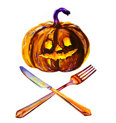 sinister pumpkin cutlery for the holiday Halloween. Design concept for restaurants and cafes - 295046632