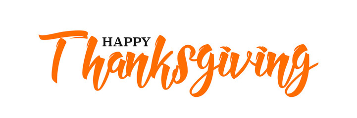 Fototapeta Happy Thanksgiving hand written calligraphic text, vector illustration. Script orange stroke, simple minimalistic calligraphic words isolated on white background, for web banners, greeting cards. obraz