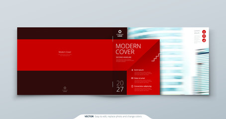 Horizontal Cover template. Horizontal Red template for brochure, banner, plackard, poster, report, catalog, magazine or flyer. Modern rectangle abstract background. Creative brochure vector concept