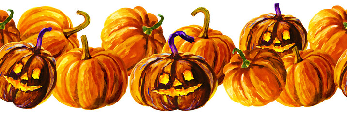 Halloween pumpkin on white. Seamless pattern. Watercolor illustration - 295047085