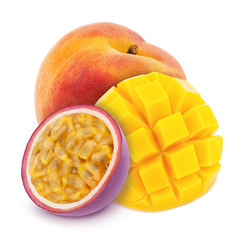 Multicolored composition with assortment of fruits - peach, maracuya and mango isolated on a white background with clipping path. - obrazy, fototapety, plakaty