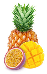 Multicolored composition with assortment of sweet tropical fruits - pineapple, passion fruit and mango, isolated on a white background with clipping path.