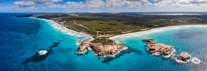 Aerial panoramic view of Twilight Bay and Twilight beach at Esperance in Western Australia - obrazy, fototapety, plakaty