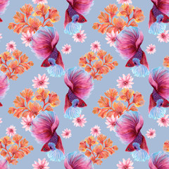 Watercolor Betta fish siamese fighting fish and chinese fighting fish aquatic plants asian pattern for poster travel wallpaper invtation card party