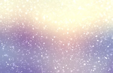 Winter holiday nature decoration. Shimmer snowfall on defocus outside view background. Golden sun light and blue lilac silhouette blur pattern. Beautiful shiny illustration.