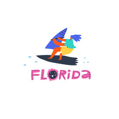 Fototapeta na wymiar Windsurfing sport, wave riding flat vector illustration. Florida handwritten lettering. Female surfer cartoon character. Summer activity concept. T-shirt print, resort advertising logotype idea