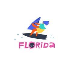 Windsurfing sport, wave riding flat vector illustration. Florida handwritten lettering. Female surfer cartoon character. Summer activity concept. T-shirt print, resort advertising logotype idea