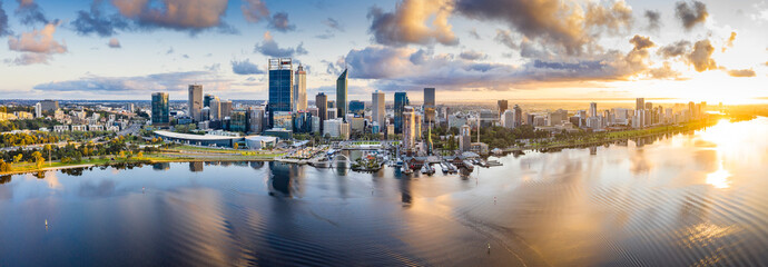 Aerial panoramic view of the beautiful city of Perth at sunrise