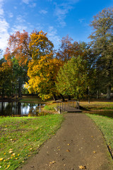 Autumn landscape with a park trail and bridge