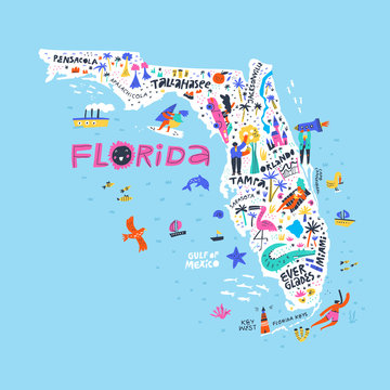 Florida state color map flat vector illustration. American city names handwritten lettering. US tourist attractions, infrastructure, entertainments. People on beach cartoon characters
