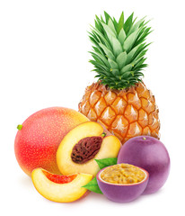 Multi-colored exotic composition with fruit mix of pineapple, passion fruit, peach and mango, isolated on a white background with clipping path.