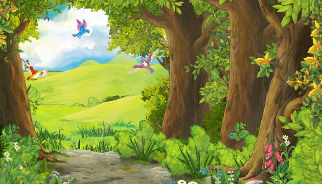 cartoon summer scene with meadow in the forest with birds flying illustration for children
