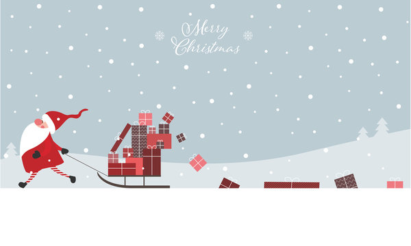 Merry Christmas - Geschenkkarte, Weihnachtswichtel zieht Schlitten mit Geschenken hinter sich her, Banner