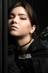 Fashion portrait of young beautiful teen girl posing outdoor. No Plastic concept