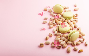 Obraz na płótnie Canvas Green macarons or macaroons cakes with pistache nuts on pastel pink background. side view, copy space.