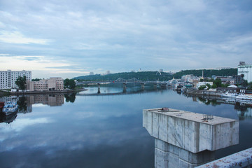 Kiev city landscape. View from the bridge on the Dnieper River, Kiev, Ukraine.