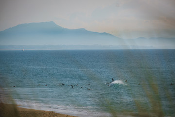 surfers, with pyrenees in the background