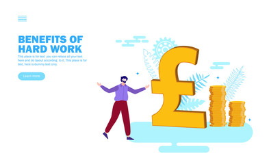 young man looking at pound sign with coins