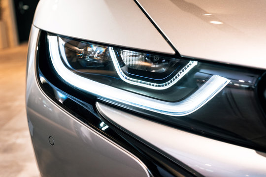 Headlight close-up of BMW i8 electric sports car, Munich, Germany