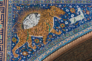Mosaic on the facade of Sher-Dor madrasah, registan, samarkand