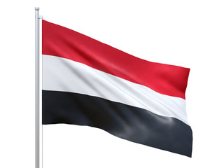 Yemen flag waving on white background, close up, isolated. 3D render