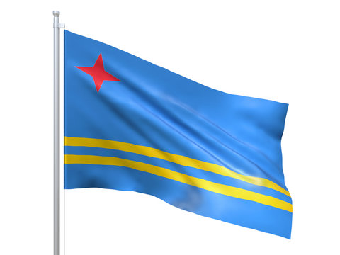 Aruba flag waving on white background, close up, isolated. 3D render