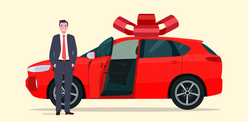 New CUV car as a gift and a man.Vector flat style illustration.