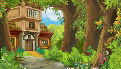 cartoon scene with mountains and valley with farm house and garden near the forest illustration for children