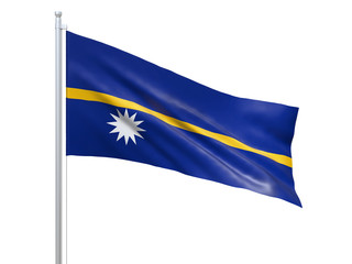 Nauru flag waving on white background, close up, isolated. 3D render