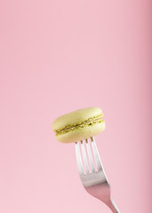 Single green macaron or macaroon cake on a fork on pastel pink background. side view.