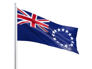 Cook Islands flag waving on white background, close up, isolated. 3D render
