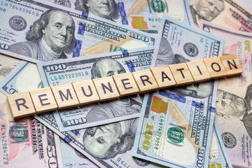The word remuneration on dollar usa background. Reward, payment and gratification concept.