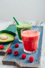 healthy fruit smoothie on white wooden table
