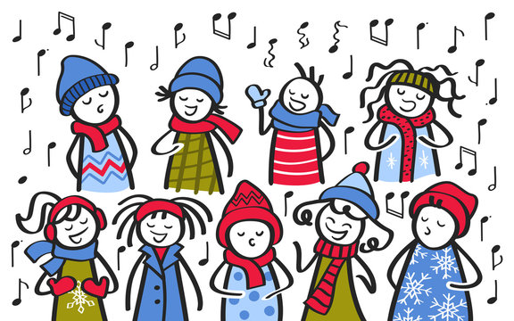 Choir, Carol Singers, Stick Figures In Winter Clothing Singing A Song