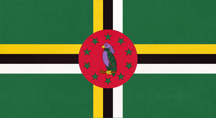 Dominica national fabric flag, textile background. Symbol of world america country.