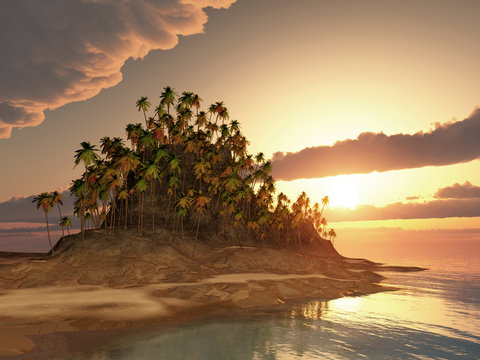 Tropische Insel im Meer bei Sonnenuntergang